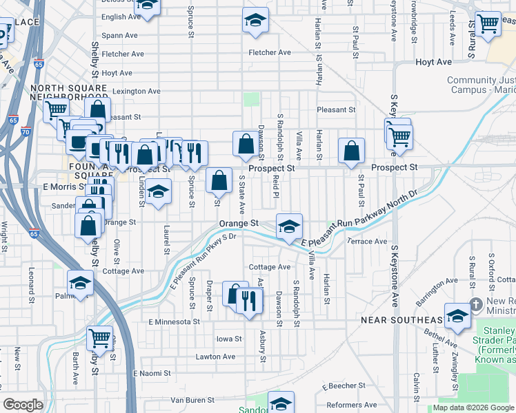 map of restaurants, bars, coffee shops, grocery stores, and more near 1206 Dawson Street in Indianapolis