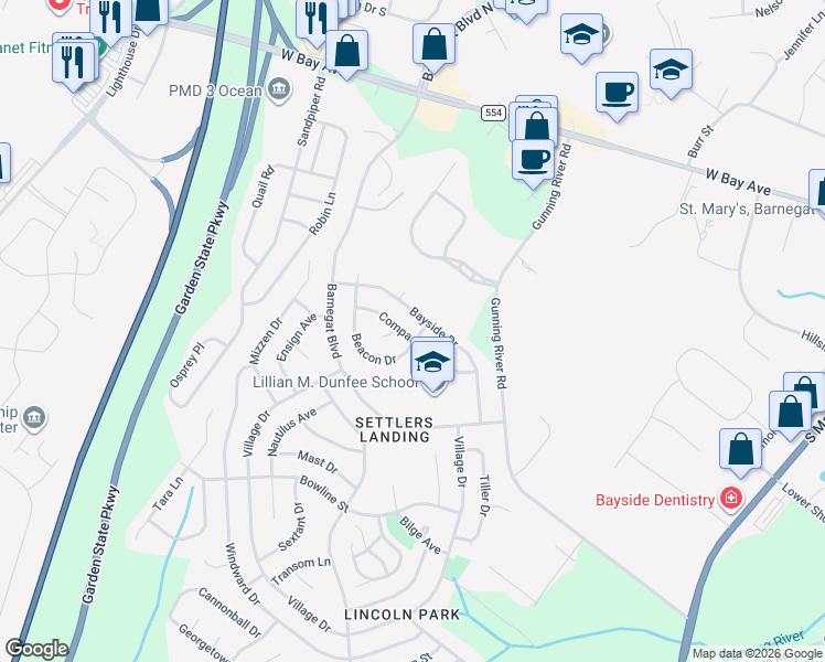 map of restaurants, bars, coffee shops, grocery stores, and more near 22 Compass Lane in Barnegat Township