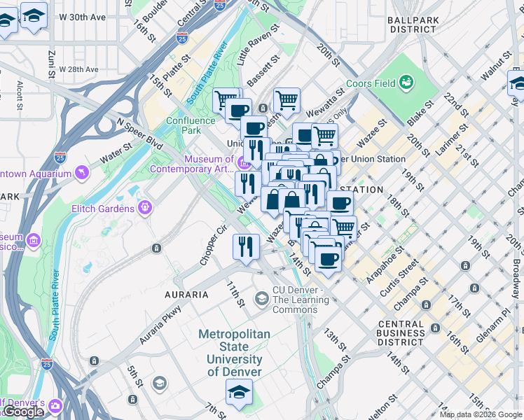map of restaurants, bars, coffee shops, grocery stores, and more near 1404 Wynkoop Street in Denver