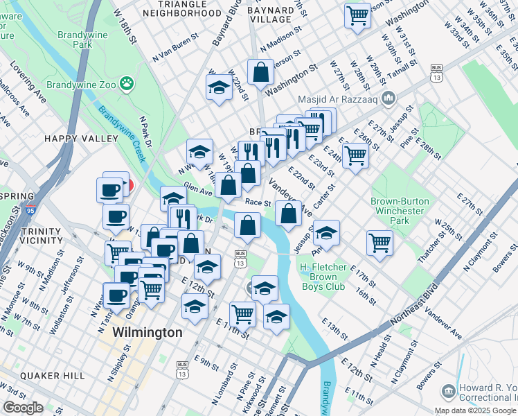 map of restaurants, bars, coffee shops, grocery stores, and more near 1980 Superfine Lane in Wilmington