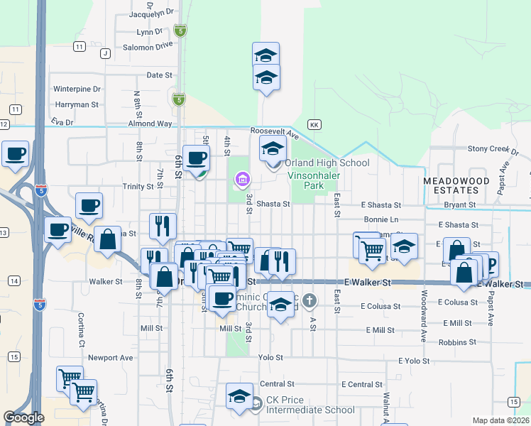 map of restaurants, bars, coffee shops, grocery stores, and more near 412 2nd Street in Orland