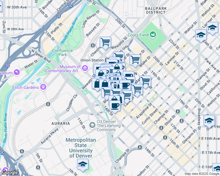 map of restaurants, bars, coffee shops, grocery stores, and more near 1521 Blake Street in Denver