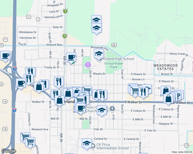 map of restaurants, bars, coffee shops, grocery stores, and more near 412 2nd Street in Orland