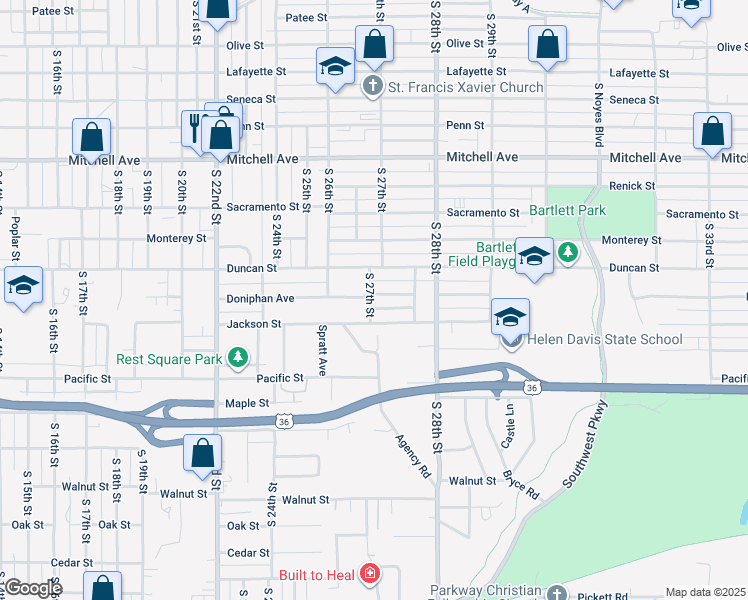 map of restaurants, bars, coffee shops, grocery stores, and more near 2704 Doniphan Avenue in Saint Joseph
