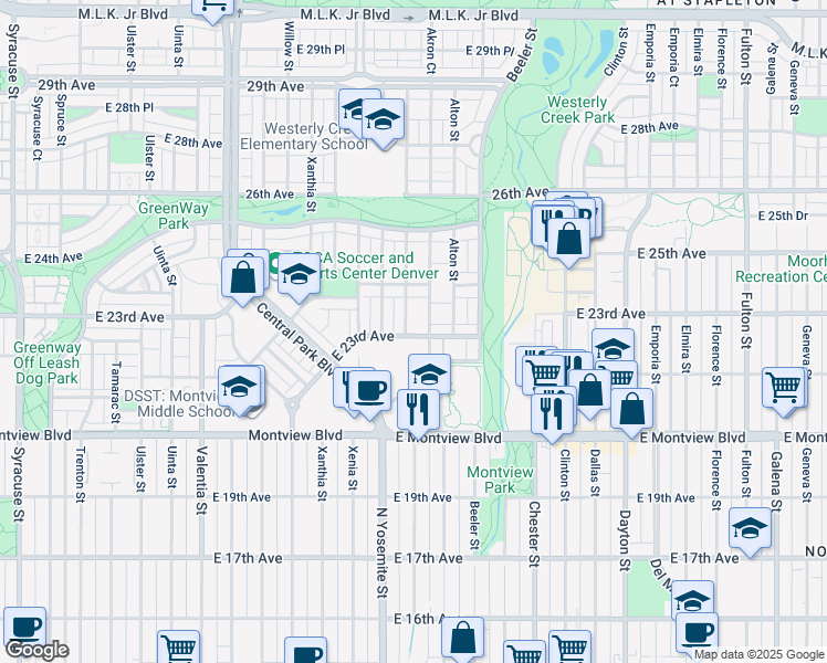 map of restaurants, bars, coffee shops, grocery stores, and more near 2306 Akron Street in Denver