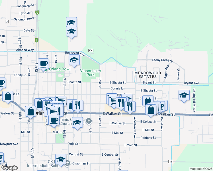 map of restaurants, bars, coffee shops, grocery stores, and more near 431 East Street in Orland
