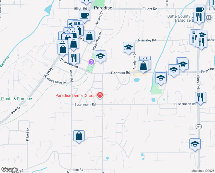 map of restaurants, bars, coffee shops, grocery stores, and more near 5592 Scottwood Road in Paradise