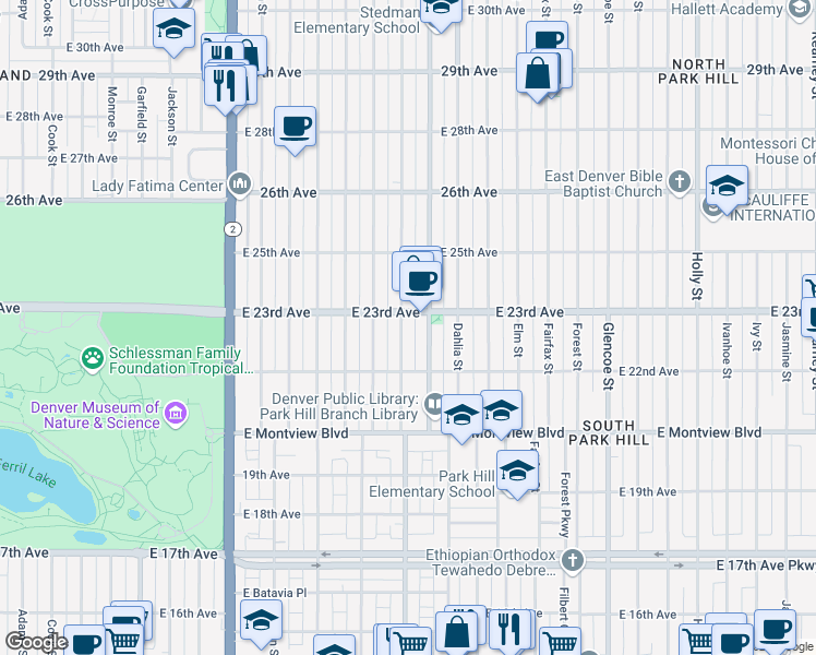 map of restaurants, bars, coffee shops, grocery stores, and more near 2237 Cherry Street in Denver