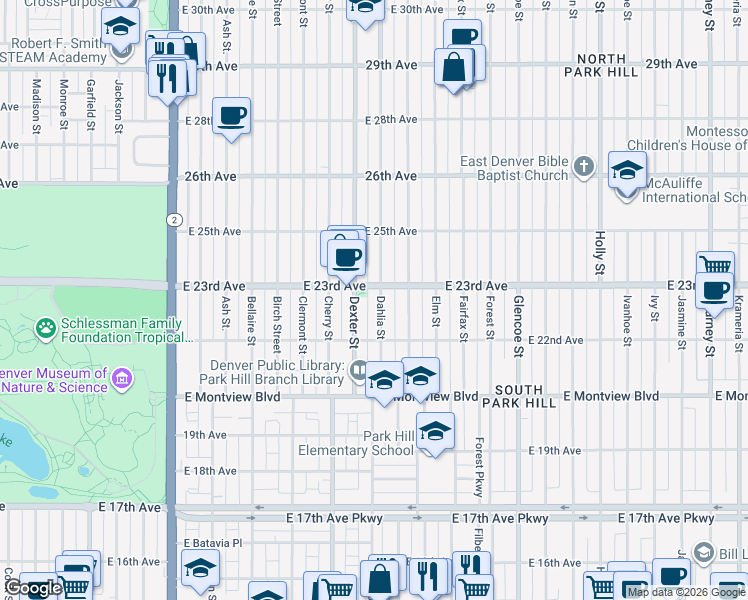 map of restaurants, bars, coffee shops, grocery stores, and more near 2230 Dexter Street in Denver