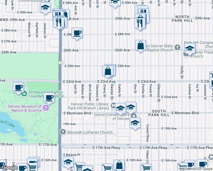 map of restaurants, bars, coffee shops, grocery stores, and more near 2237 Cherry Street in Denver