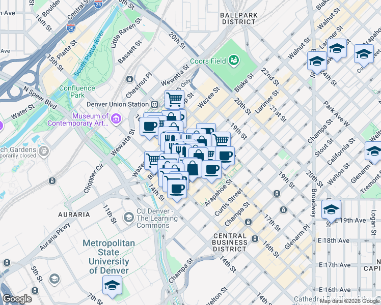 map of restaurants, bars, coffee shops, grocery stores, and more near 1625 Market Street in Denver