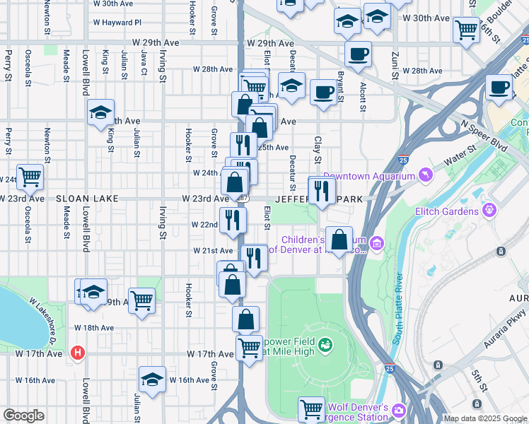 map of restaurants, bars, coffee shops, grocery stores, and more near 2151 Eliot Street in Denver