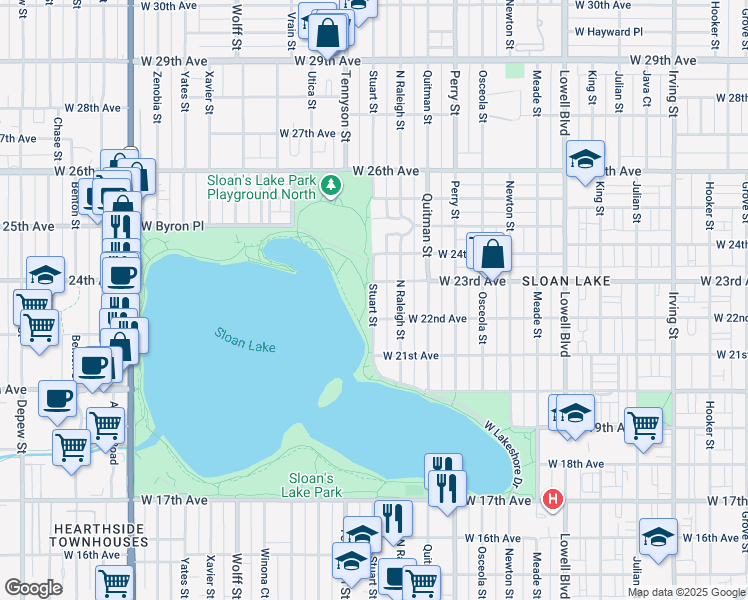 map of restaurants, bars, coffee shops, grocery stores, and more near 2201-2299 Stuart St in Denver