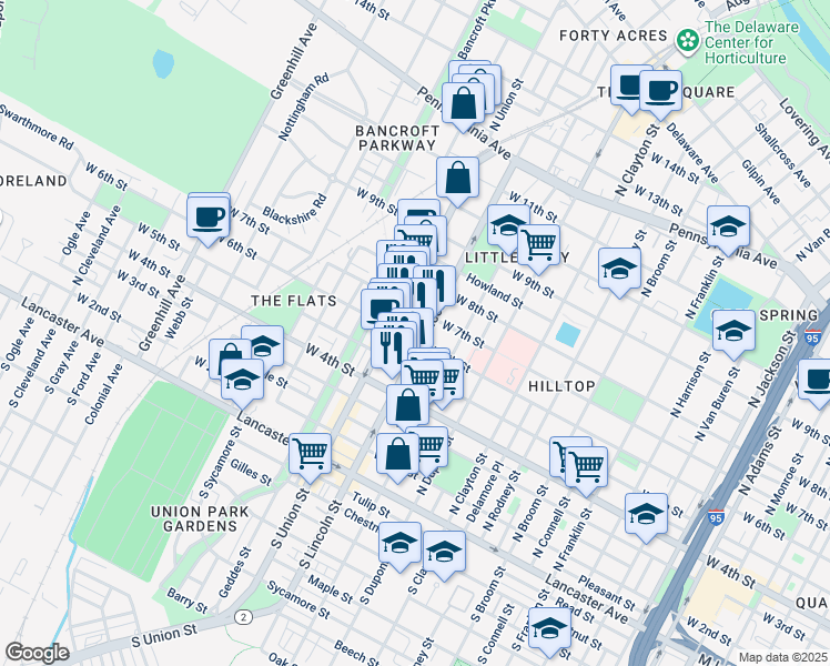 map of restaurants, bars, coffee shops, grocery stores, and more near 603 North Lincoln Street in Wilmington