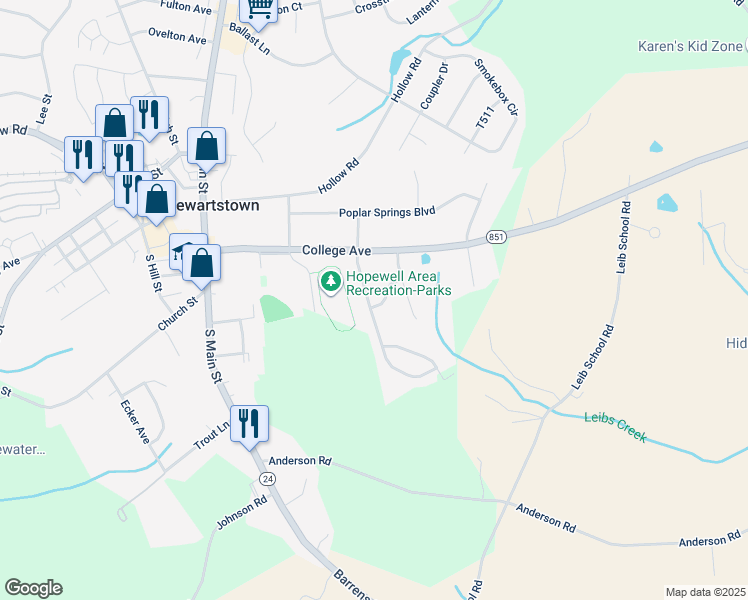 map of restaurants, bars, coffee shops, grocery stores, and more near 75 Kennard Dale Avenue in Stewartstown
