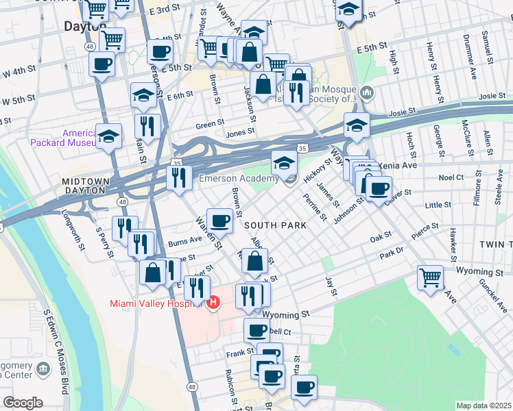 map of restaurants, bars, coffee shops, grocery stores, and more near 129 Morton Avenue in Dayton