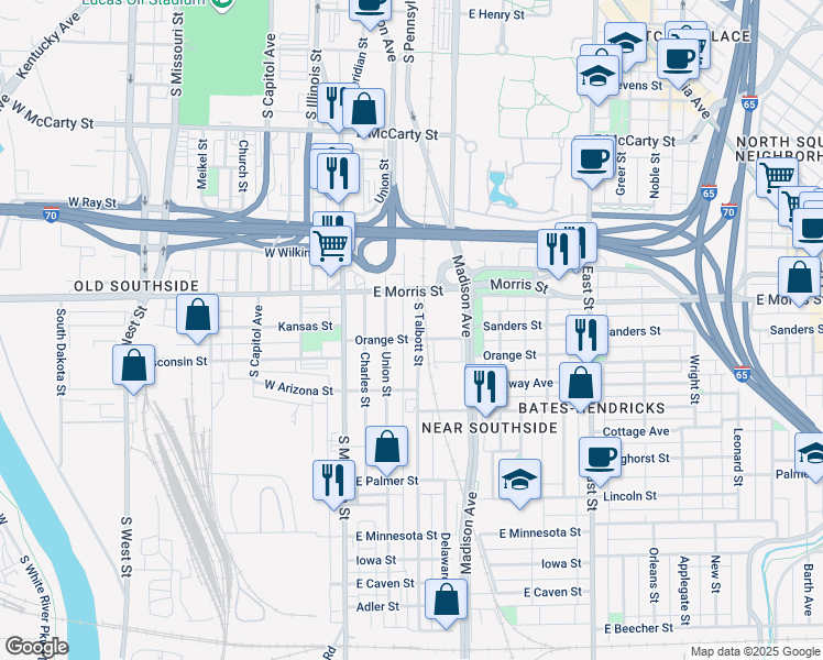 map of restaurants, bars, coffee shops, grocery stores, and more near 51 Orange Street in Indianapolis