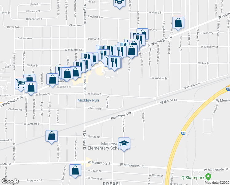 map of restaurants, bars, coffee shops, grocery stores, and more near 5045 West Morris Street in Indianapolis