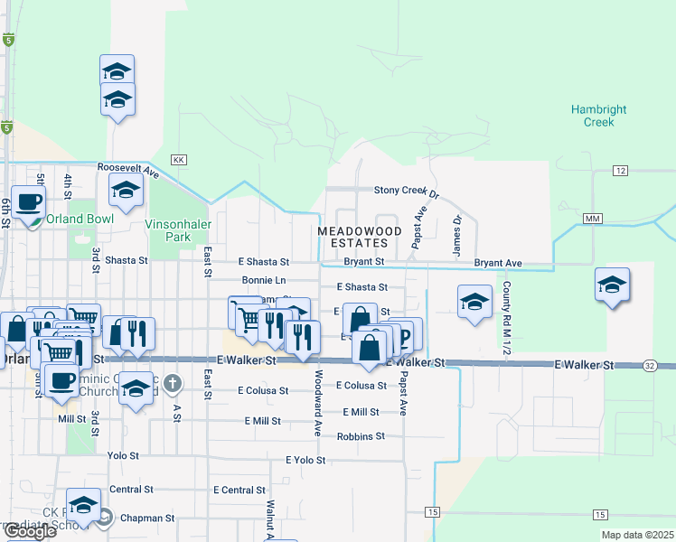 map of restaurants, bars, coffee shops, grocery stores, and more near 226 East Shasta Street in Orland