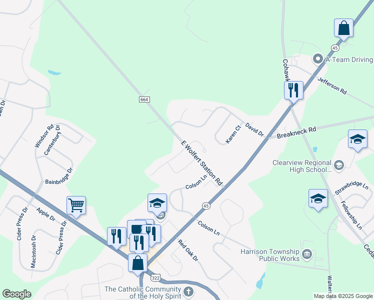 map of restaurants, bars, coffee shops, grocery stores, and more near 1 Peachtree Lane in Mullica Hill