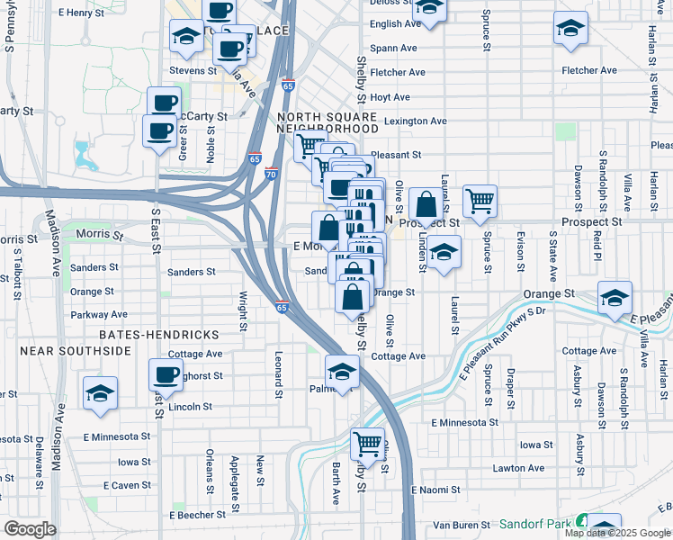 map of restaurants, bars, coffee shops, grocery stores, and more near 1030 Sanders Street in Indianapolis