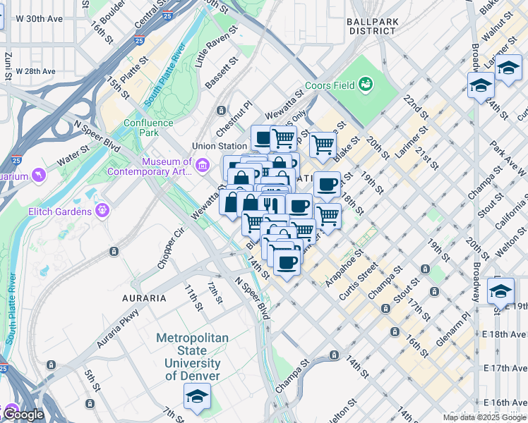 map of restaurants, bars, coffee shops, grocery stores, and more near in Denver