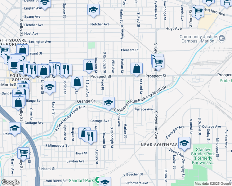 map of restaurants, bars, coffee shops, grocery stores, and more near 1202 Villa Avenue in Indianapolis