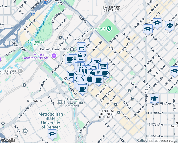 map of restaurants, bars, coffee shops, grocery stores, and more near 1625 Market Street in Denver