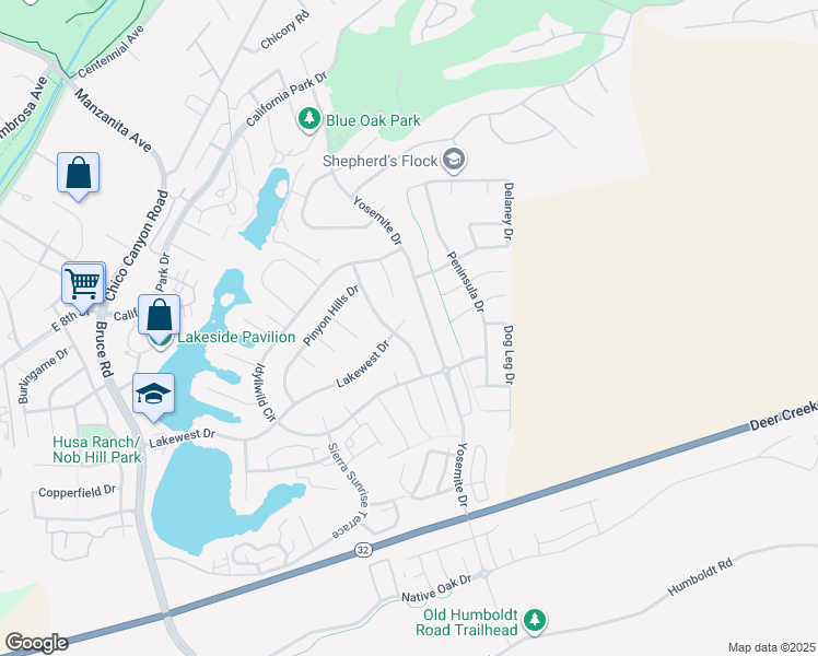 map of restaurants, bars, coffee shops, grocery stores, and more near 2673 Lakewest Drive in Chico