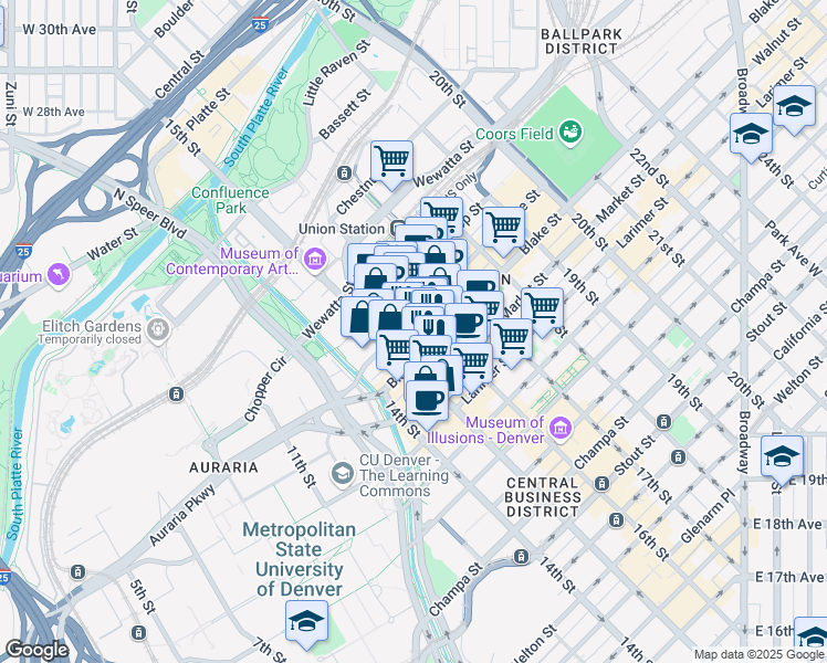 map of restaurants, bars, coffee shops, grocery stores, and more near in Denver