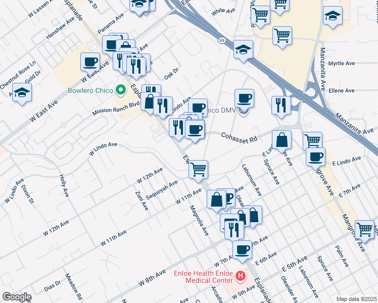 map of restaurants, bars, coffee shops, grocery stores, and more near 2185 Esplanade in Chico