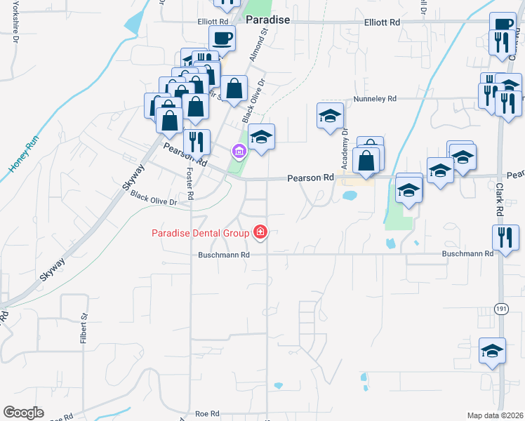 map of restaurants, bars, coffee shops, grocery stores, and more near 5617 Scottwood Road in Paradise