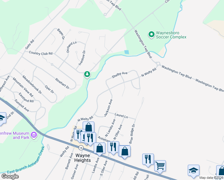 map of restaurants, bars, coffee shops, grocery stores, and more near 12406 North Welty Road in Waynesboro