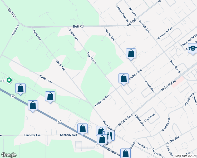 map of restaurants, bars, coffee shops, grocery stores, and more near 2801 Guynn Avenue in Chico