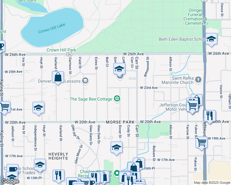 map of restaurants, bars, coffee shops, grocery stores, and more near 2220 Bell Court in Lakewood