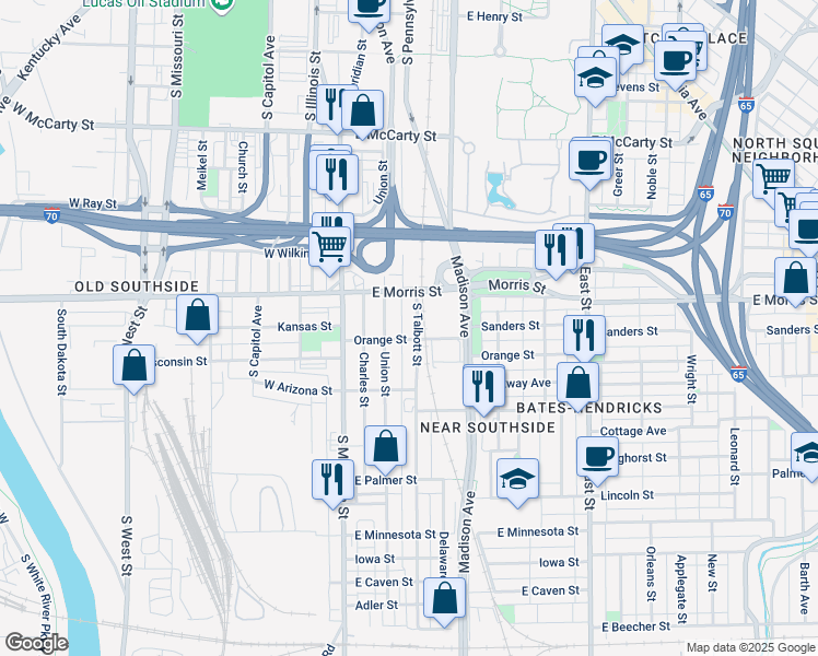 map of restaurants, bars, coffee shops, grocery stores, and more near 51 Orange Street in Indianapolis