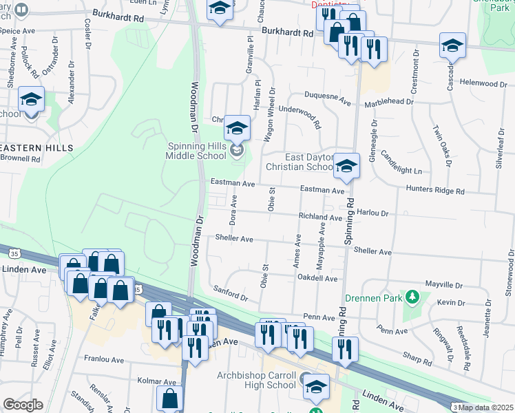 map of restaurants, bars, coffee shops, grocery stores, and more near 4337 Richland Avenue in Dayton