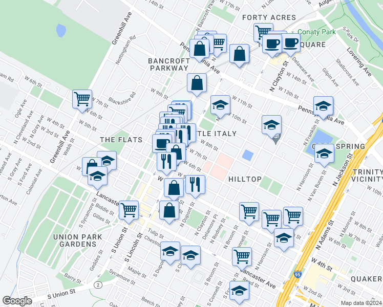 map of restaurants, bars, coffee shops, grocery stores, and more near 1808 West 7th Street in Wilmington