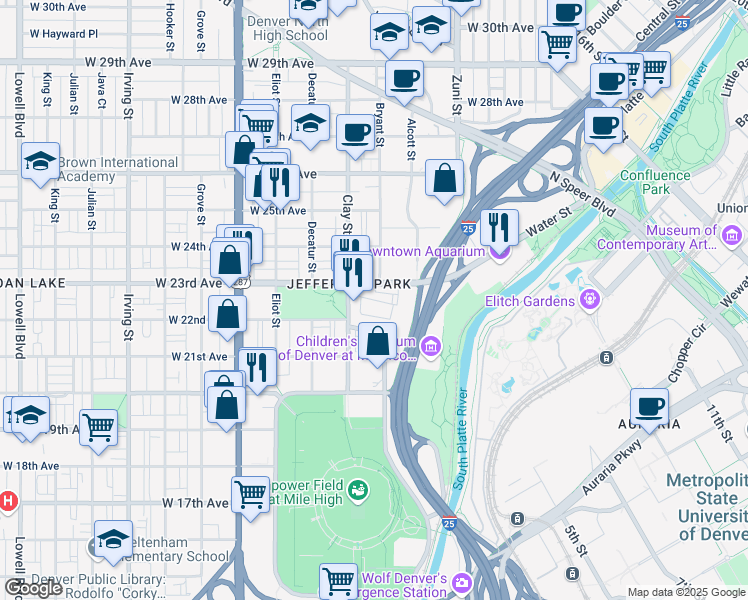 map of restaurants, bars, coffee shops, grocery stores, and more near 2605 River Drive in Denver