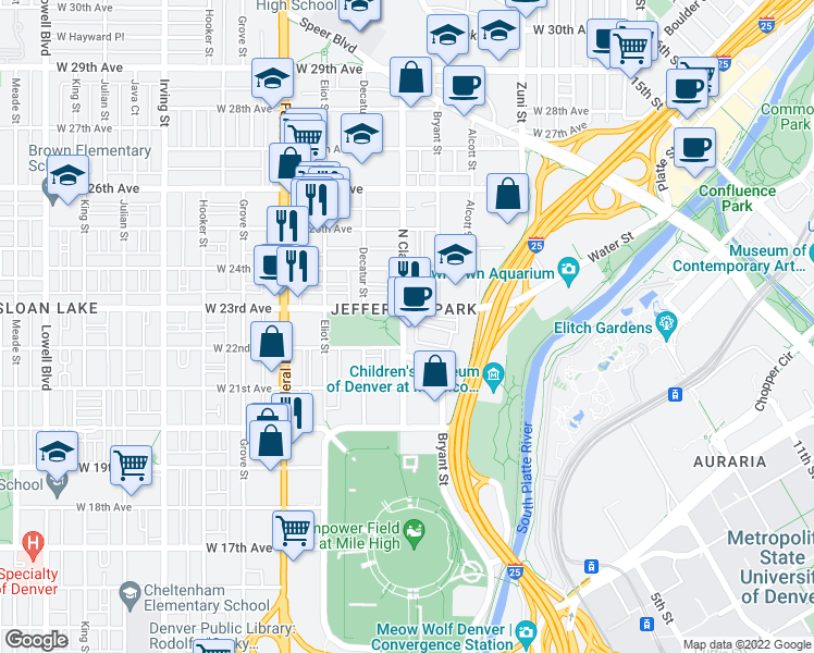 map of restaurants, bars, coffee shops, grocery stores, and more near 2718 West 22nd Avenue in Denver