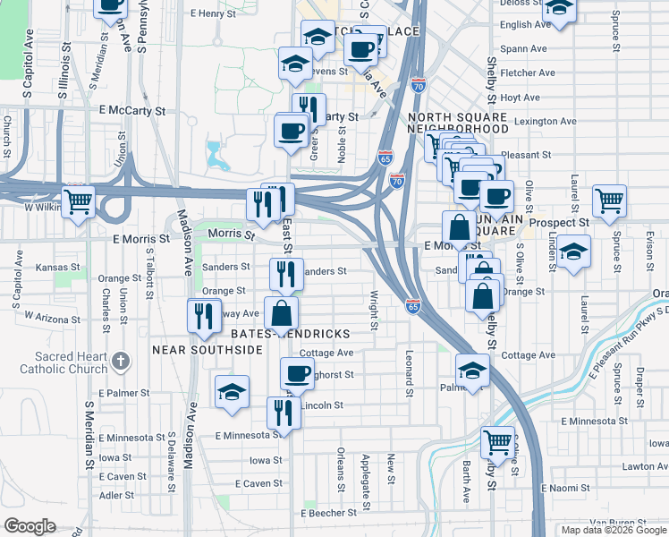 map of restaurants, bars, coffee shops, grocery stores, and more near 618 Orange Street in Indianapolis