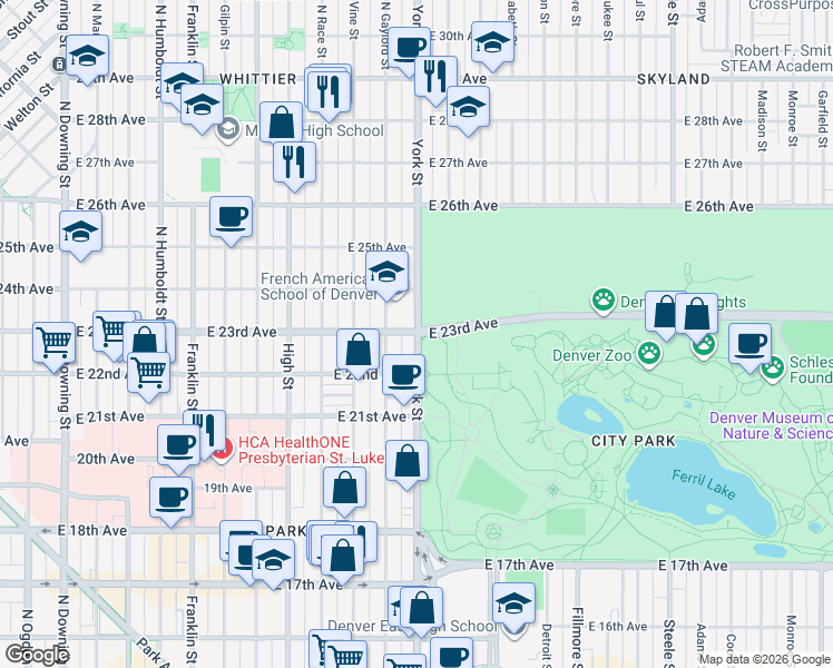 map of restaurants, bars, coffee shops, grocery stores, and more near 2200 York Street in Denver