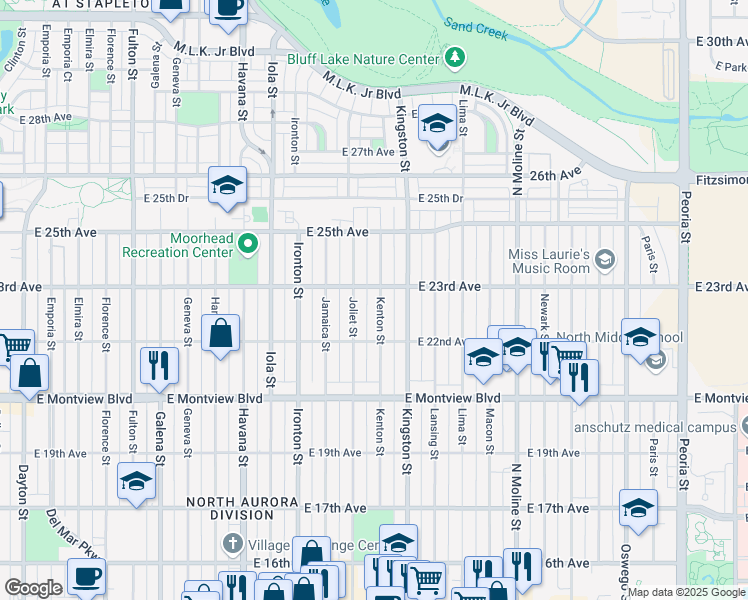 map of restaurants, bars, coffee shops, grocery stores, and more near 2233 Kenton Street in Aurora