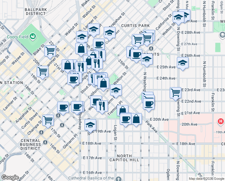 map of restaurants, bars, coffee shops, grocery stores, and more near 550 Park Avenue West in Denver