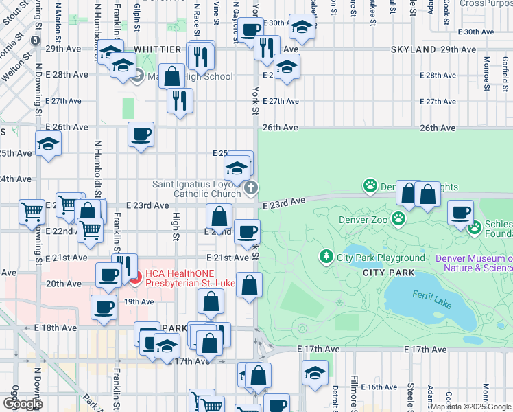 map of restaurants, bars, coffee shops, grocery stores, and more near 2227 York Street in Denver