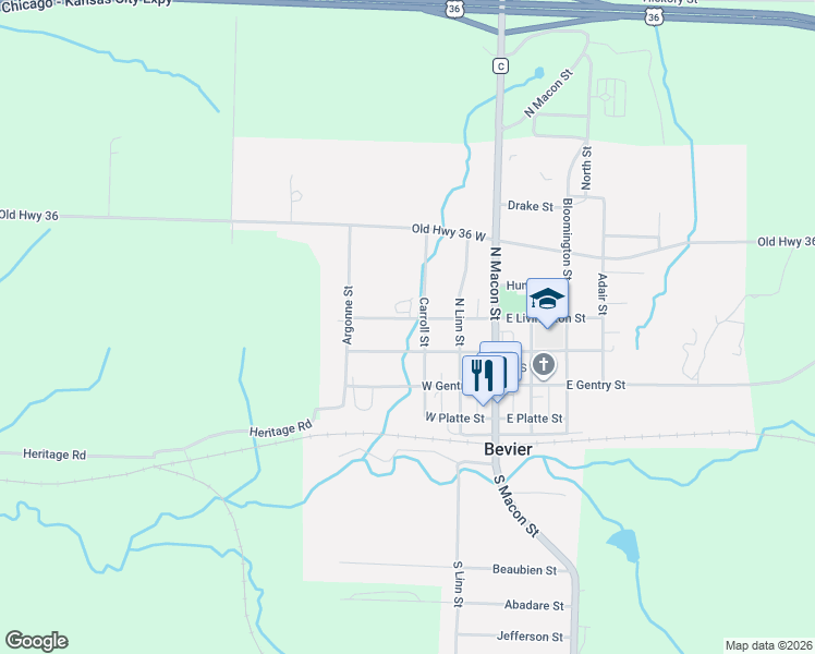 map of restaurants, bars, coffee shops, grocery stores, and more near 313 West Randolph Street in Bevier