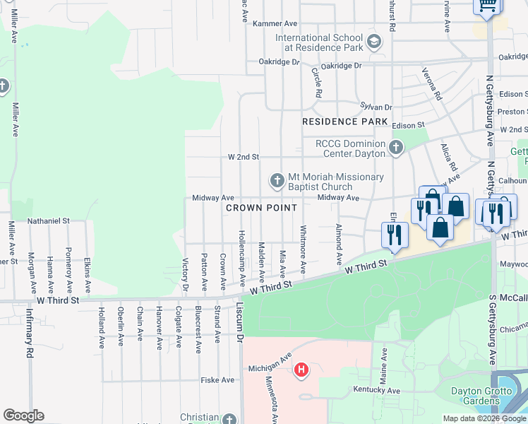 map of restaurants, bars, coffee shops, grocery stores, and more near 124 Malden Avenue in Dayton