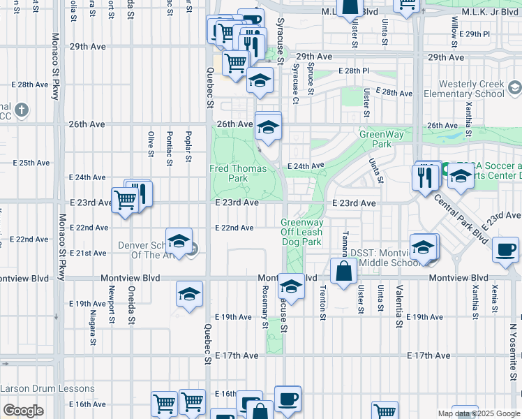 map of restaurants, bars, coffee shops, grocery stores, and more near 7605 East 22nd Avenue in Denver