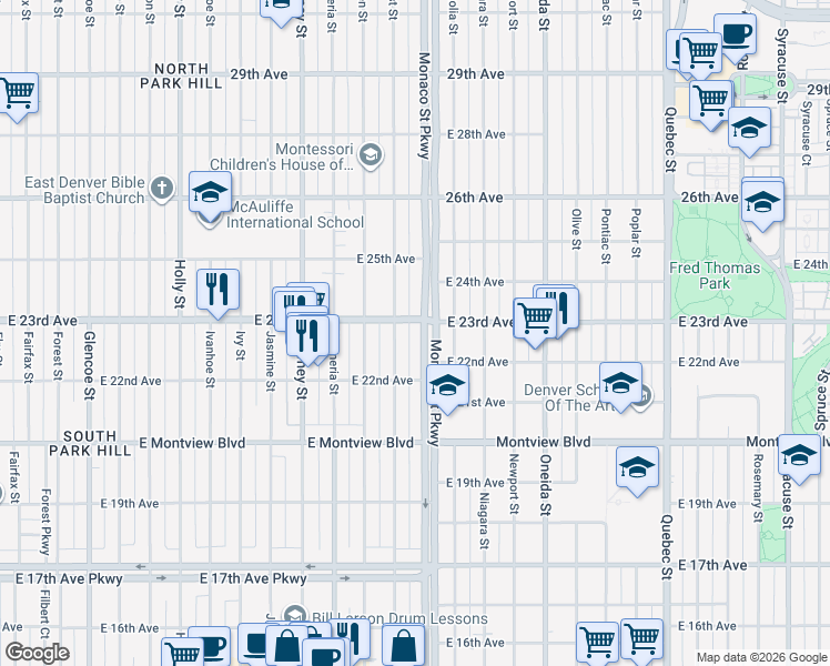 map of restaurants, bars, coffee shops, grocery stores, and more near 2245 North Monaco Parkway in Denver