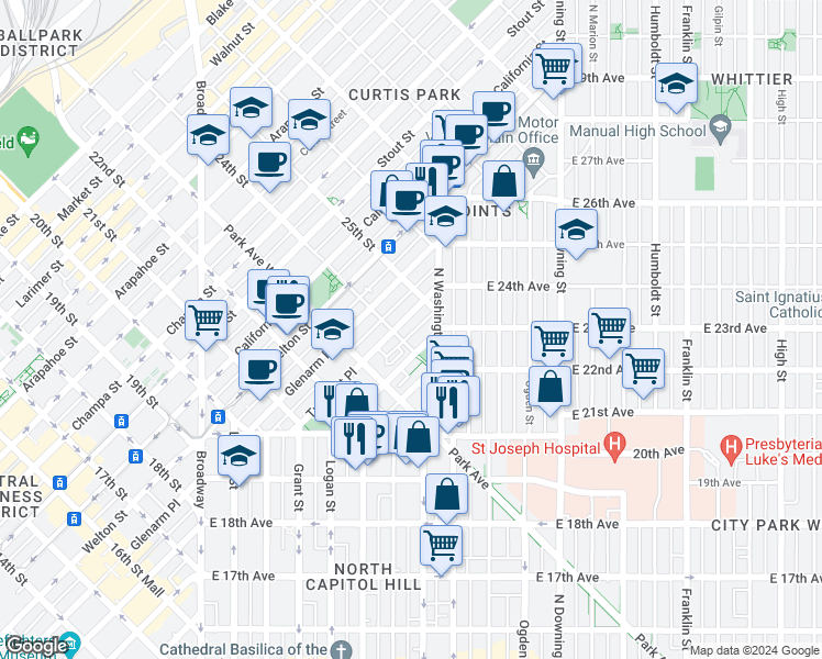 map of restaurants, bars, coffee shops, grocery stores, and more near 2380 Court Place in Denver